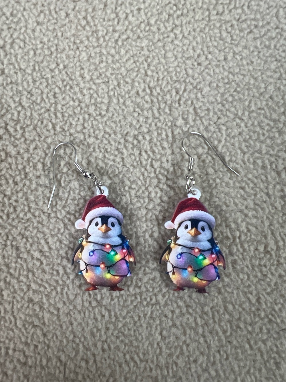 Penguin Christmas Earrings. Holiday, LIghts, Winter. Pair.